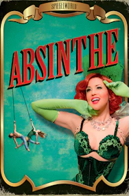 Absinthe show poster with acrobats on swings and a performer in green costume.