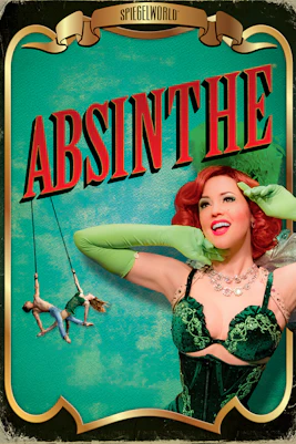 Absinthe show poster with acrobats on swings and a performer in green costume.