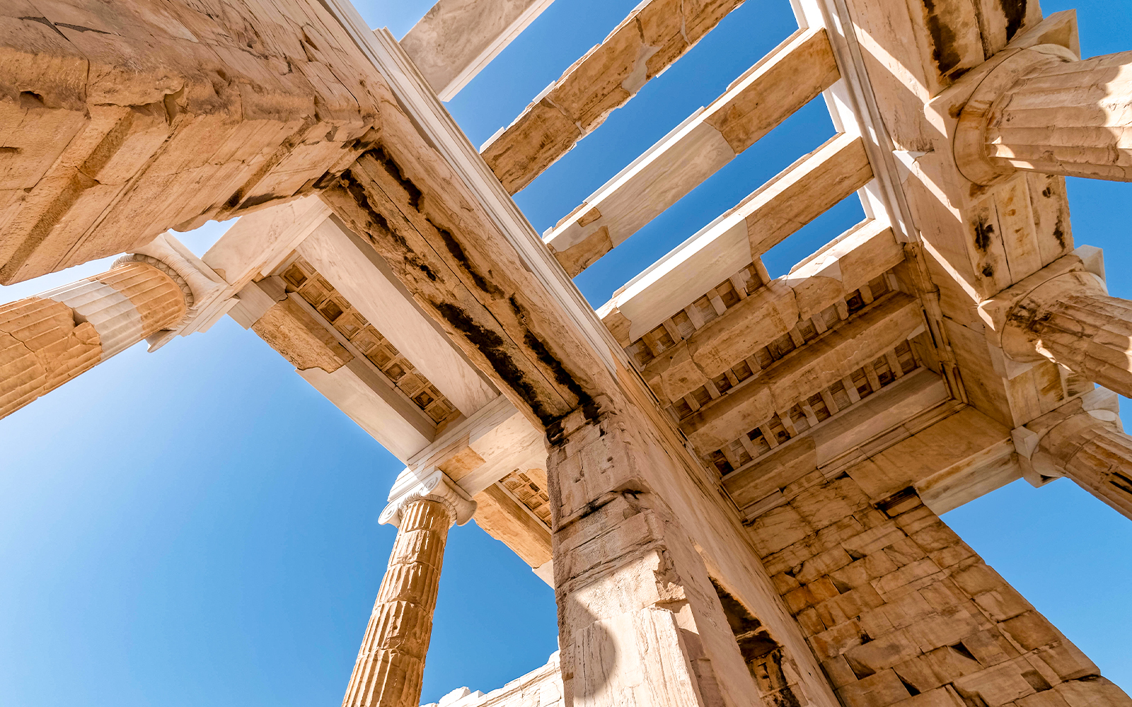 Propylea ceiling with ancient marble details at Athens Acropolis, Greece.