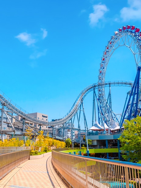 Roller coaster and Big O Ferris Wheel at Dome City amusement park, Tokyo.