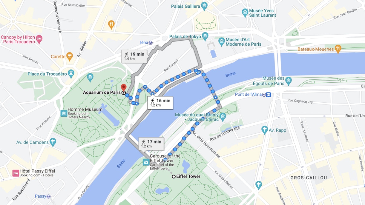 10-15 minutes to walk to the Aquarium de Paris from Eiffel Tower