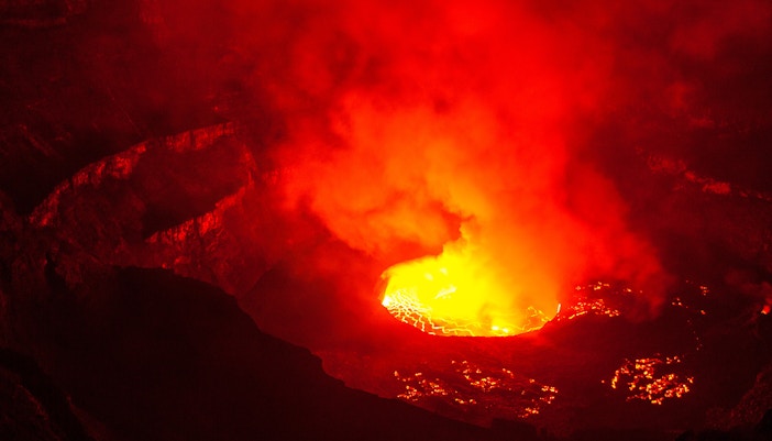 Molten lava and smoke during Mt Vesuvius eruption.