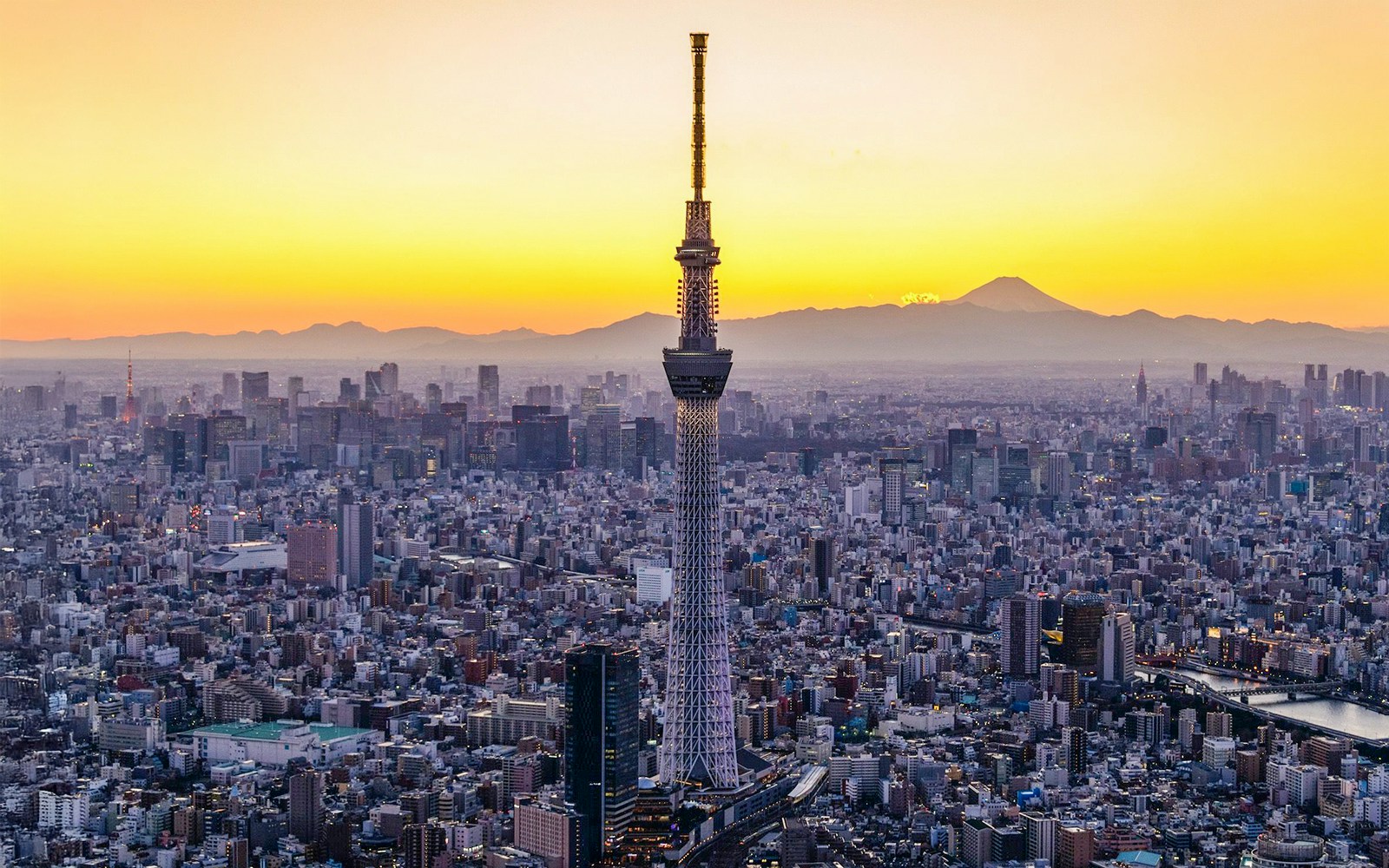 Tokyo Skytree at sunset with cityscape and Mount Fuji in the background.