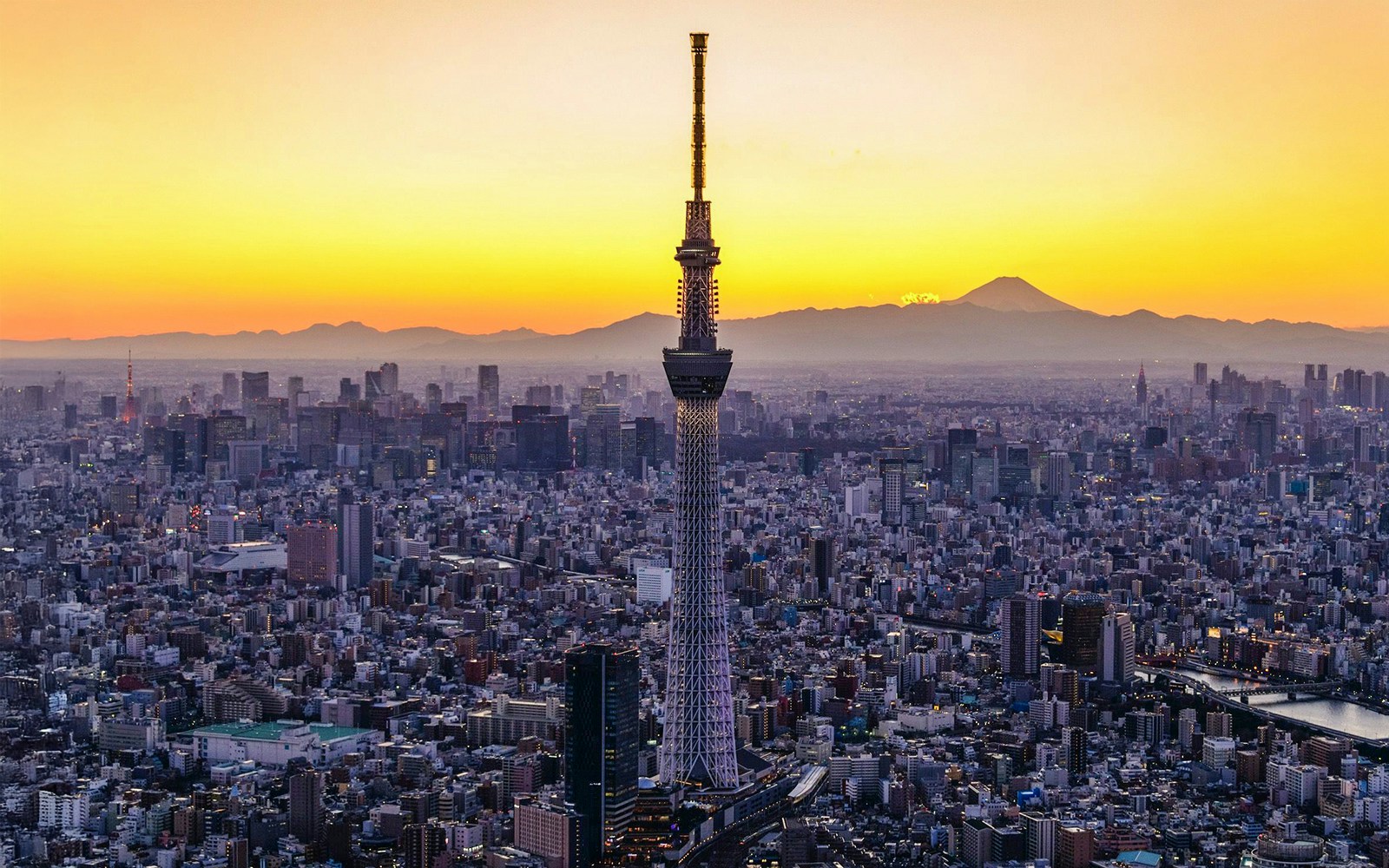 Tokyo Skytree at sunset with cityscape and Mount Fuji in the background.