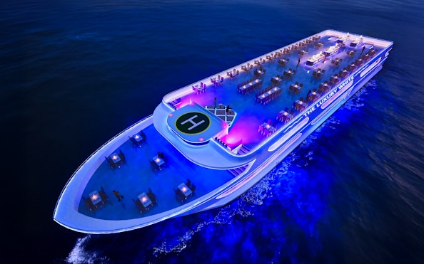 Luxury dinner cruise ship at night with tables set for dining, ICONSIAM, Bangkok.