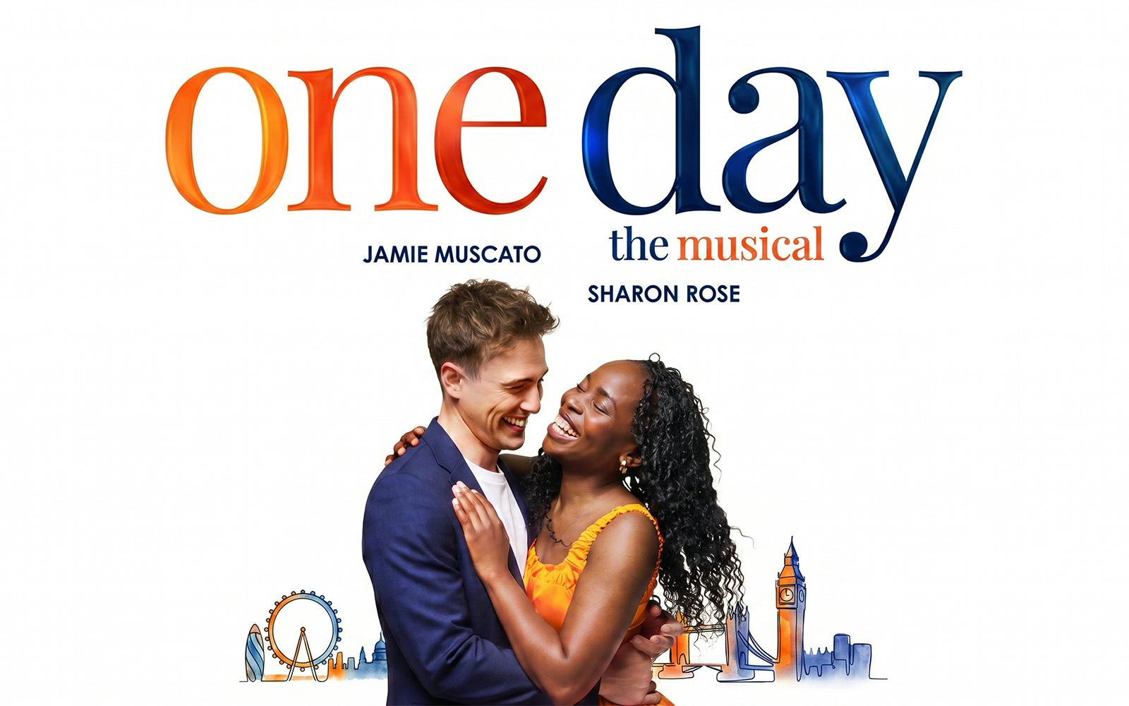 One Day the Musical poster with a smiling couple and London skyline illustrations.