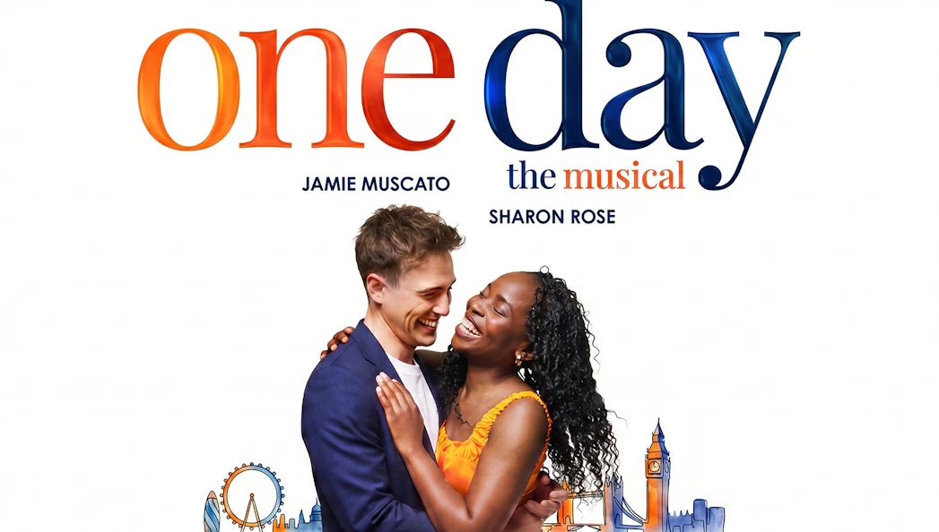 One Day the Musical poster with a smiling couple and London skyline illustrations.
