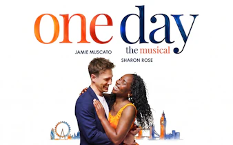 One Day the Musical poster with a smiling couple and London skyline illustrations.