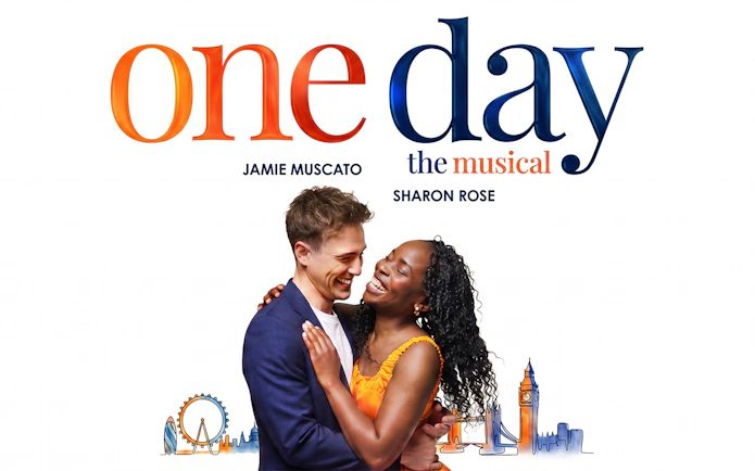 One Day the Musical poster with a smiling couple and London skyline illustrations.
