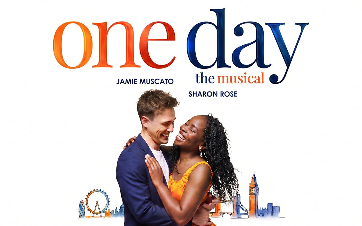 One Day the Musical poster with a smiling couple and London skyline illustrations.