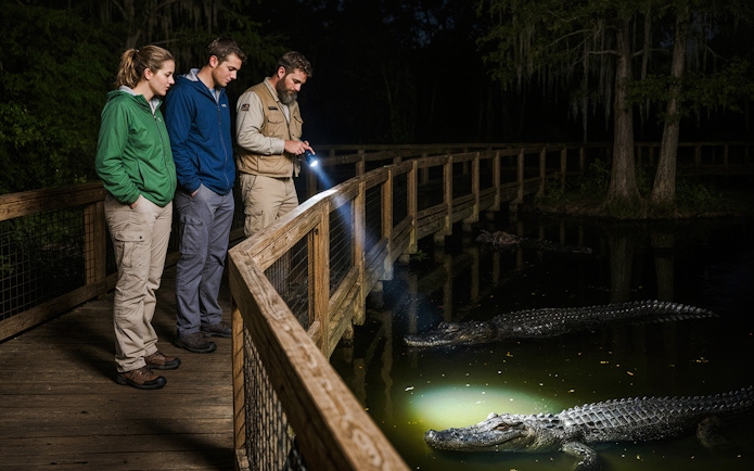 Visitors on a Gatorland flashlight tour observe alligators from a wooden boardwalk at night.