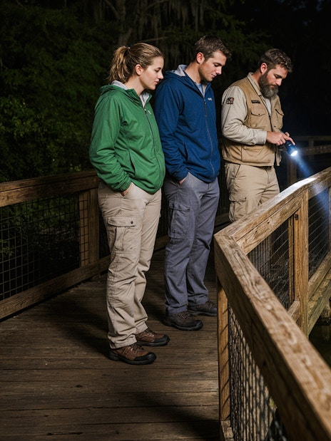Visitors on a Gatorland flashlight tour observe alligators from a wooden boardwalk at night.