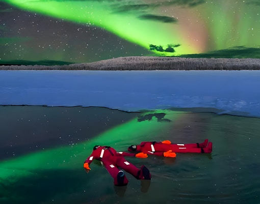Person ice floating under Northern Lights in Rovaniemi.