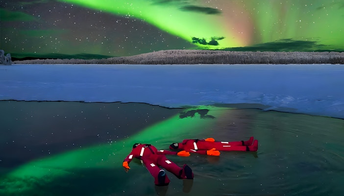 Person ice floating under Northern Lights in Rovaniemi.
