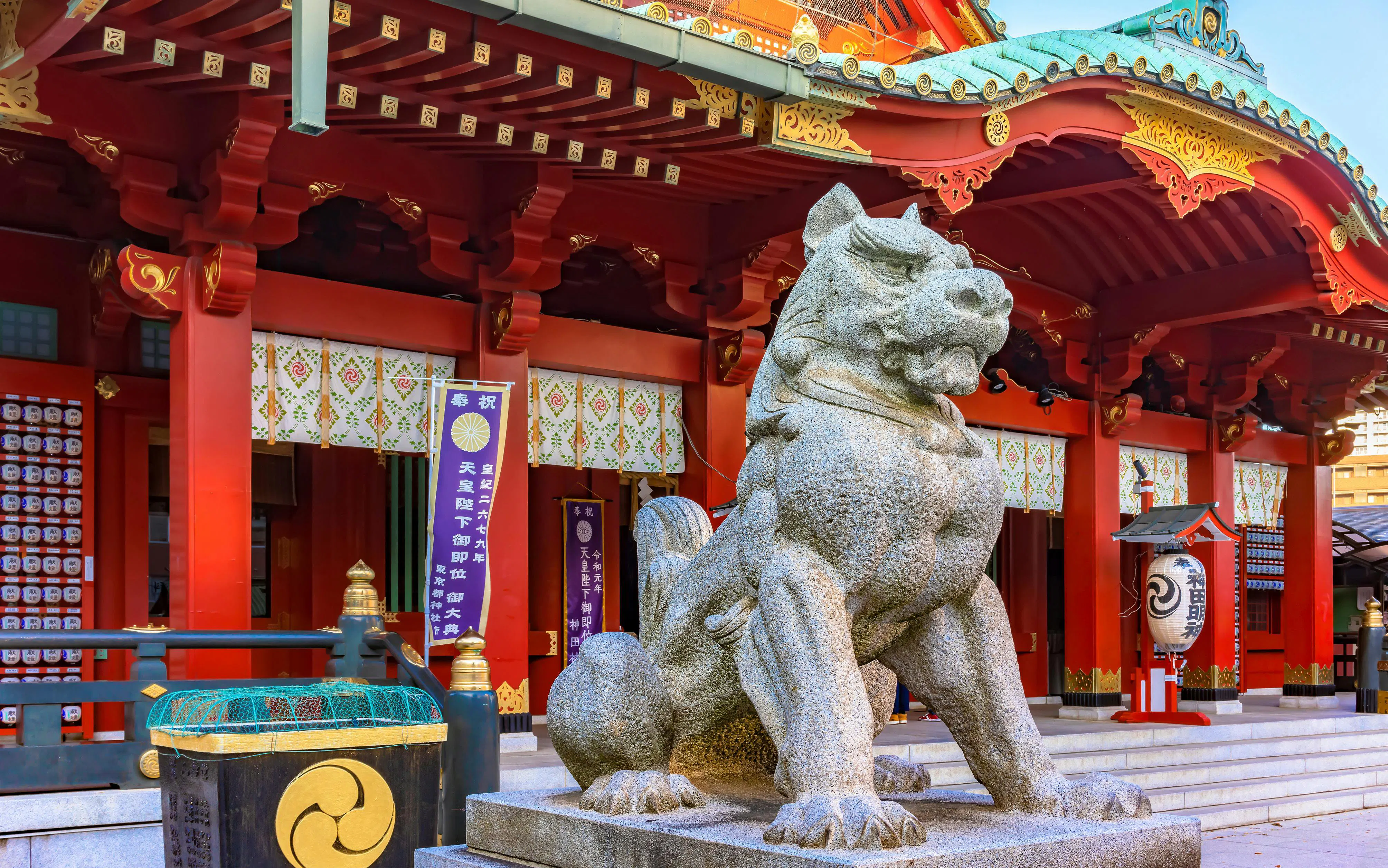 Stone komainu lion statue at Kanda Shrine, Tokyo, Japan.