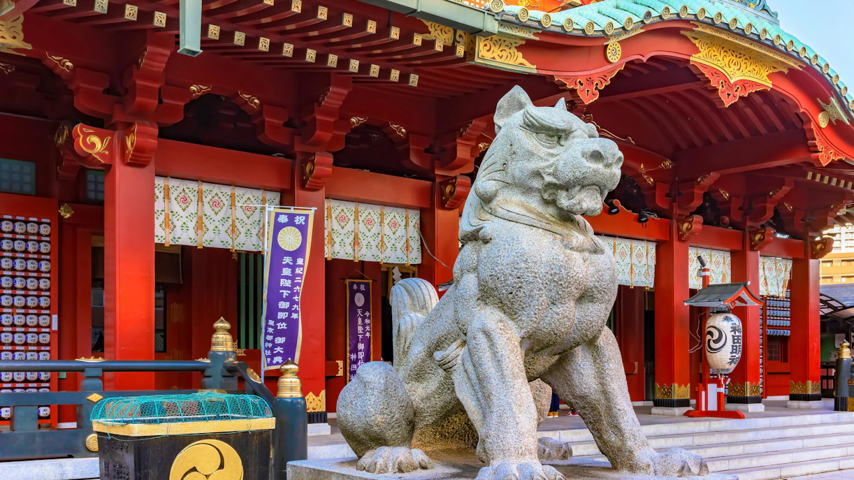 Stone komainu lion statue at Kanda Shrine, Tokyo, Japan.