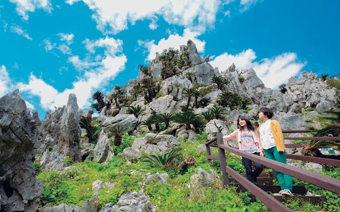 Visitors exploring rocky landscape on Okinawa Hip Hop Bus Tour C Course.