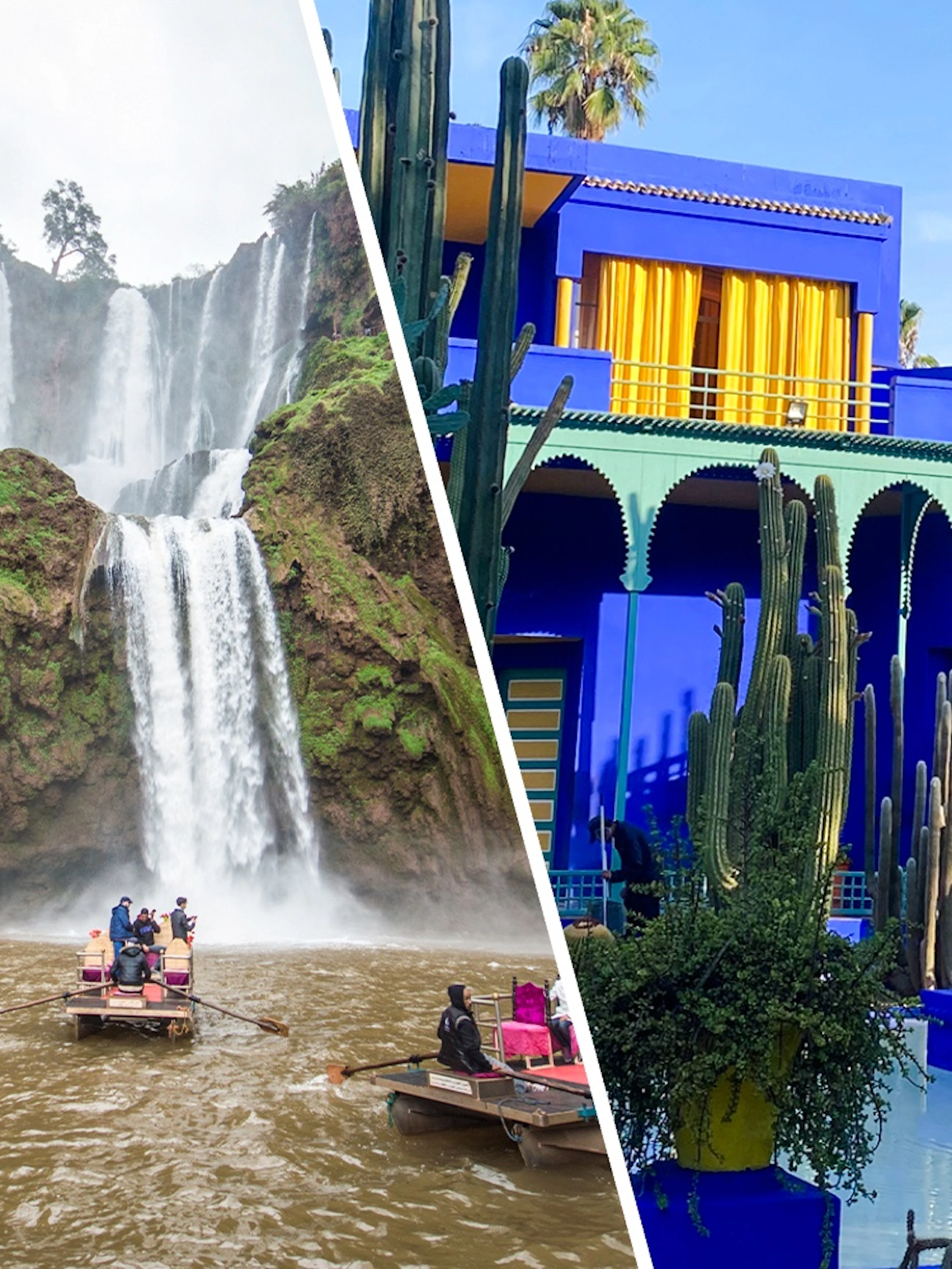 Jardin Majorelle's vibrant blue villa with cacti and Ouzoud Waterfalls with tourists on a boat.