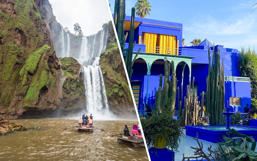 Jardin Majorelle's vibrant blue villa with cacti and Ouzoud Waterfalls with tourists on a boat.