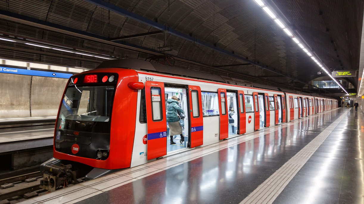 Barcelona metro train at a station, route to Camp Nou.