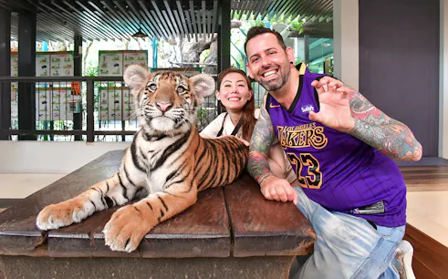 Visitors posing with a tiger cub at Tiger Park Pattaya.
