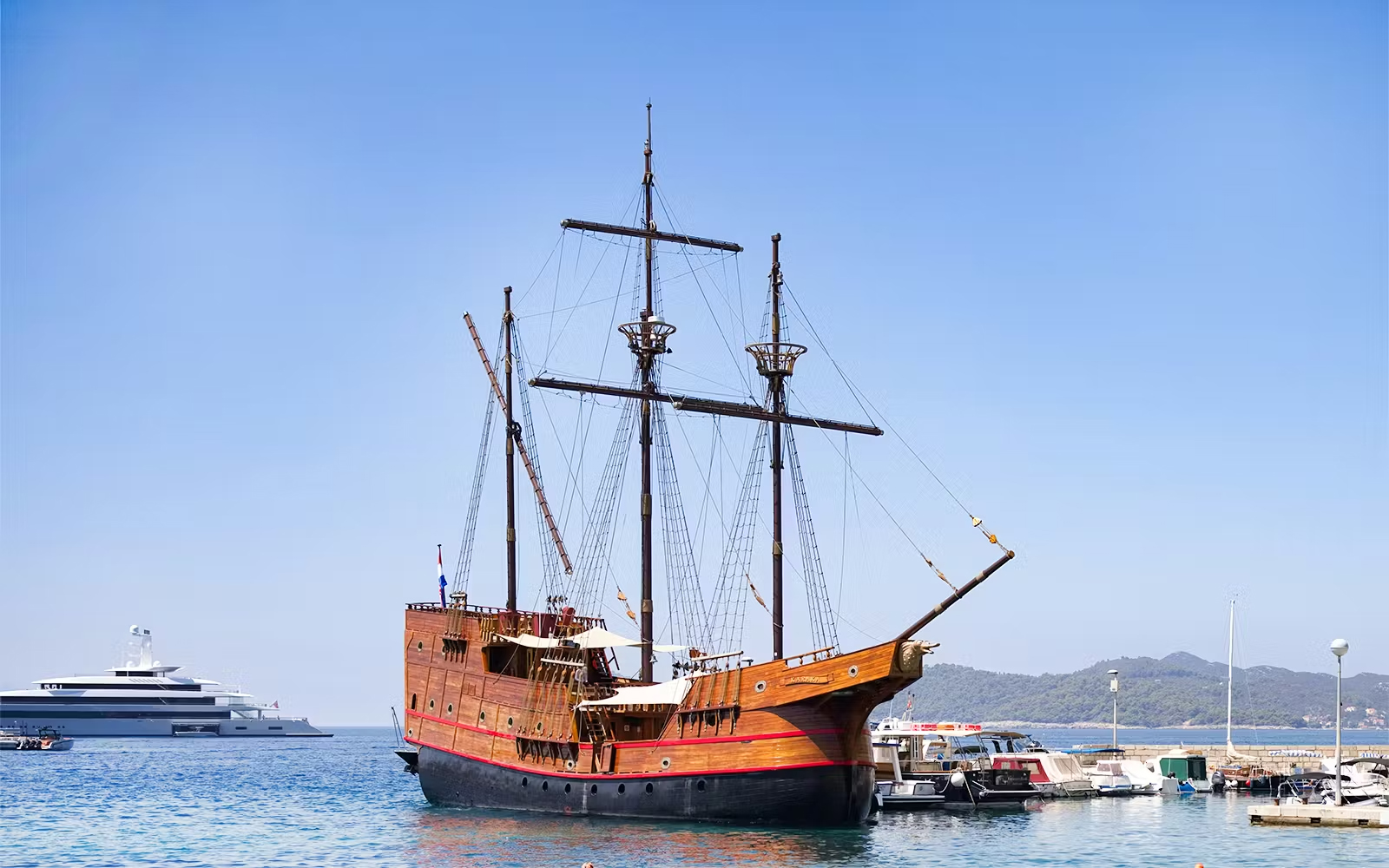 Karaka ship docked for Elaphite Islands cruise in Dubrovnik.