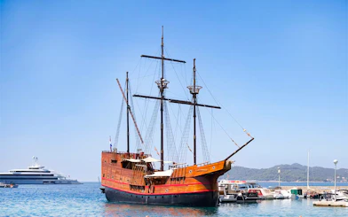 Karaka ship docked for Elaphite Islands cruise in Dubrovnik.