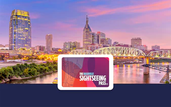 Nashville skyline at sunset with SightSeeing Flex Pass logo in foreground.