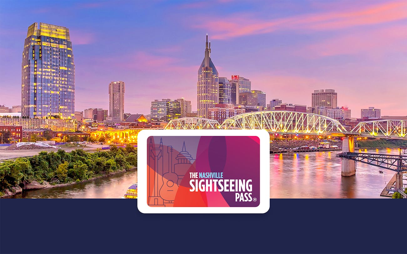 Nashville skyline at sunset with SightSeeing Flex Pass logo in foreground.
