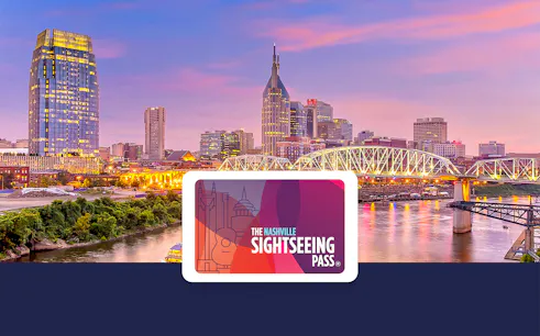 Nashville skyline at sunset with SightSeeing Flex Pass logo in foreground.