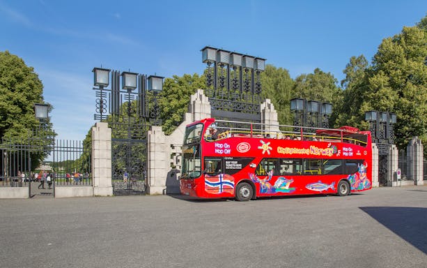 Hop-on hop-off bus in front of Vigeland Park entrance, Oslo.