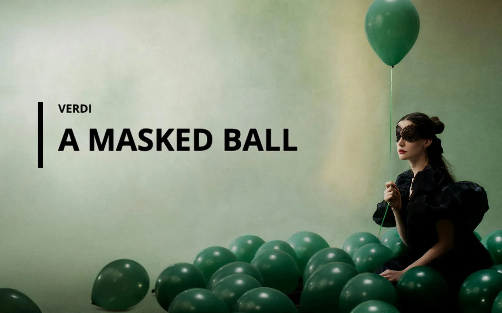 Verdi's A Masked Ball opera poster with masked woman and green balloons, Sydney.
