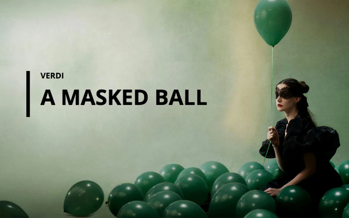 Verdi's A Masked Ball opera poster with masked woman and green balloons, Sydney.