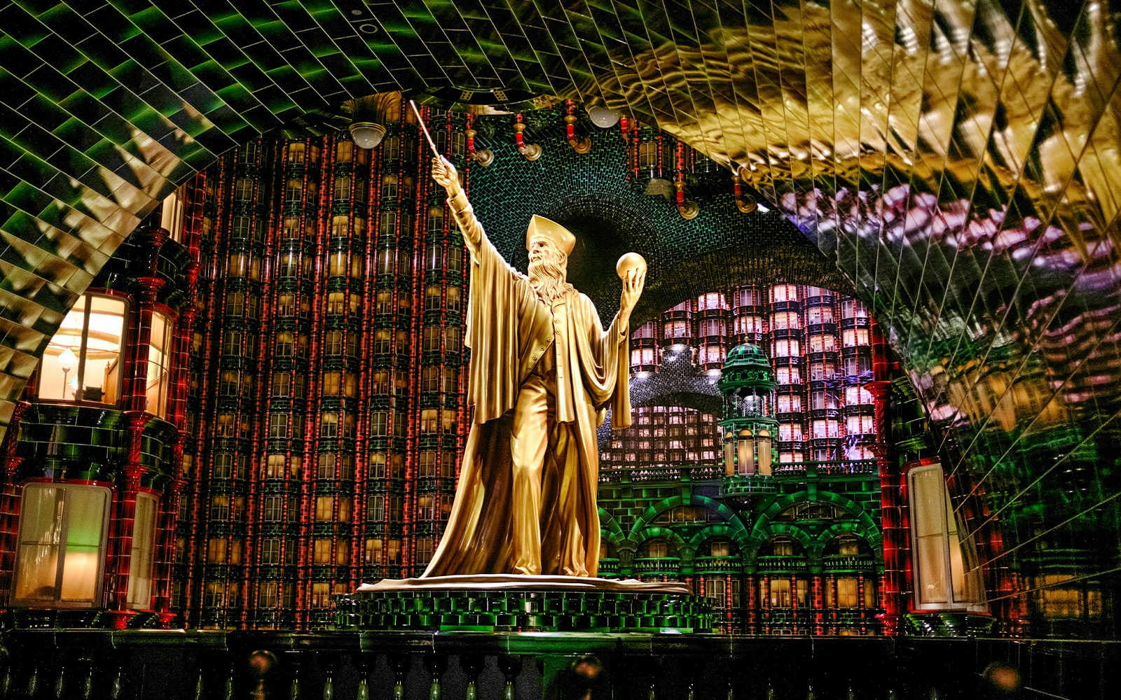 Golden statue in the Ministry of Magic at Epic Universe, Universal Orlando.
