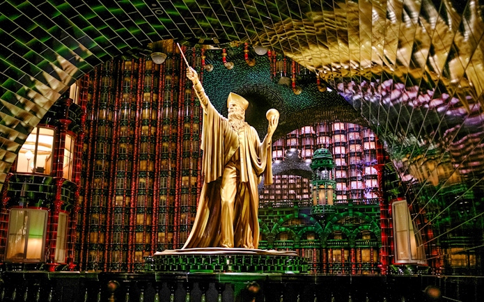 Golden statue in the Ministry of Magic at Epic Universe, Universal Orlando.