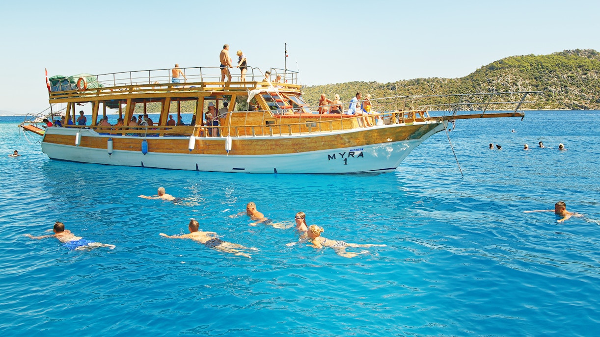 Kekova Sunken City ruins viewed from a boat on the Demre & Myra Day Tour in Antalya, Turkey.