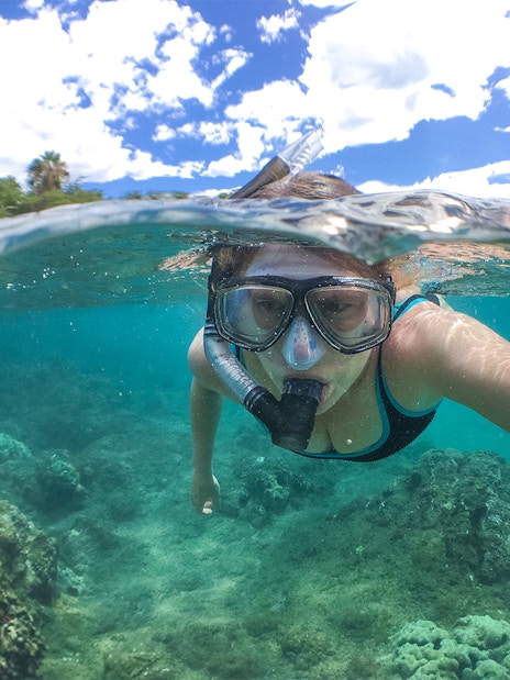 Snorkeler exploring coral reef in Maui, Hawaii during sunset whale watching sail.