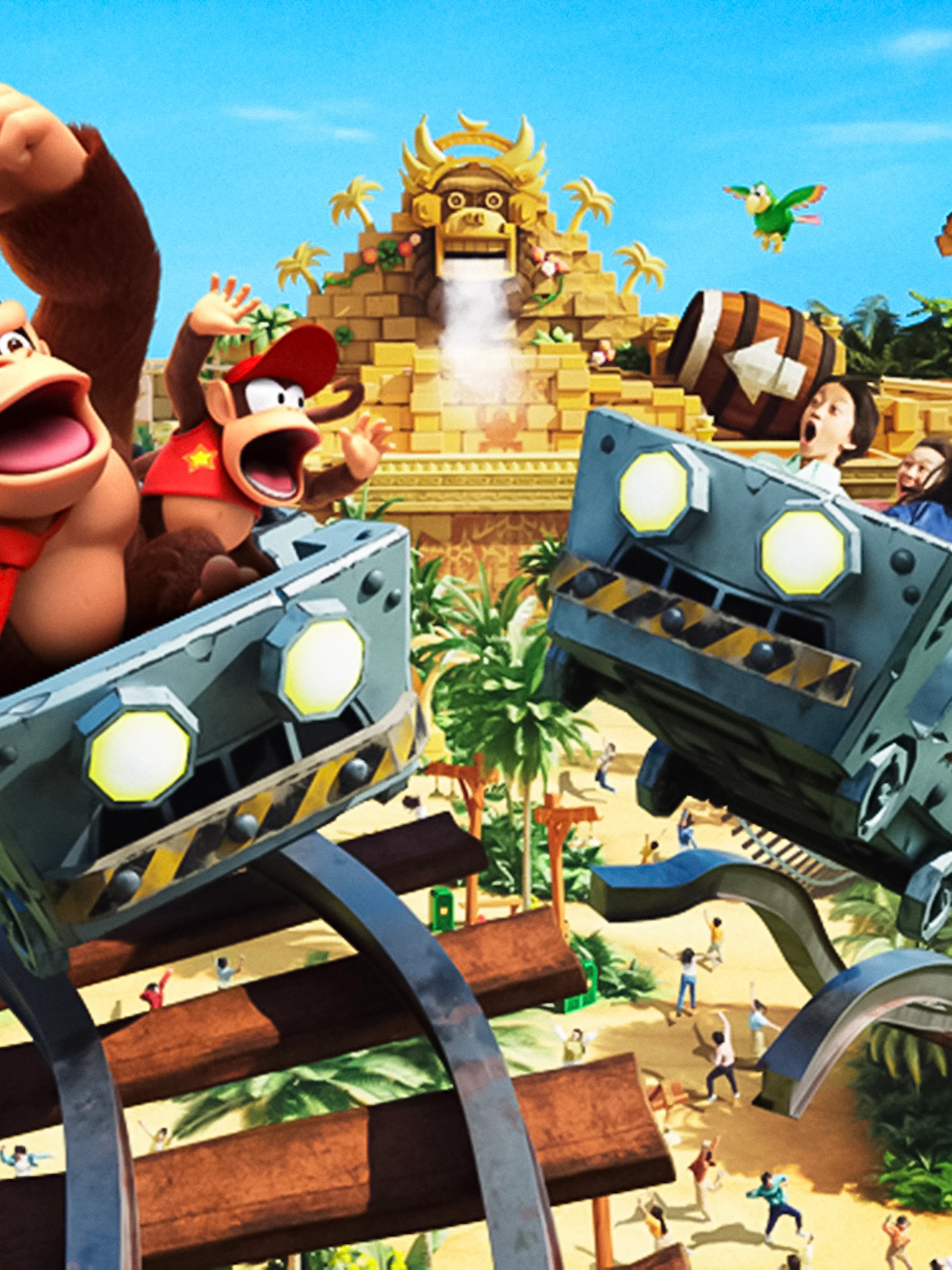 Roller coaster ride featuring Donkey Kong characters at Universal Studios Japan.