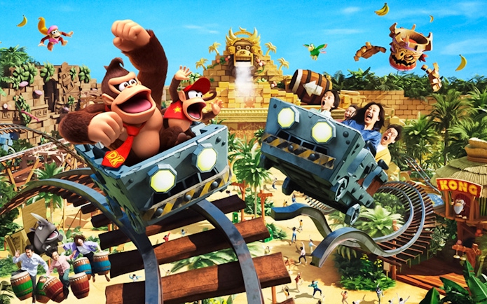 Roller coaster ride featuring Donkey Kong characters at Universal Studios Japan.