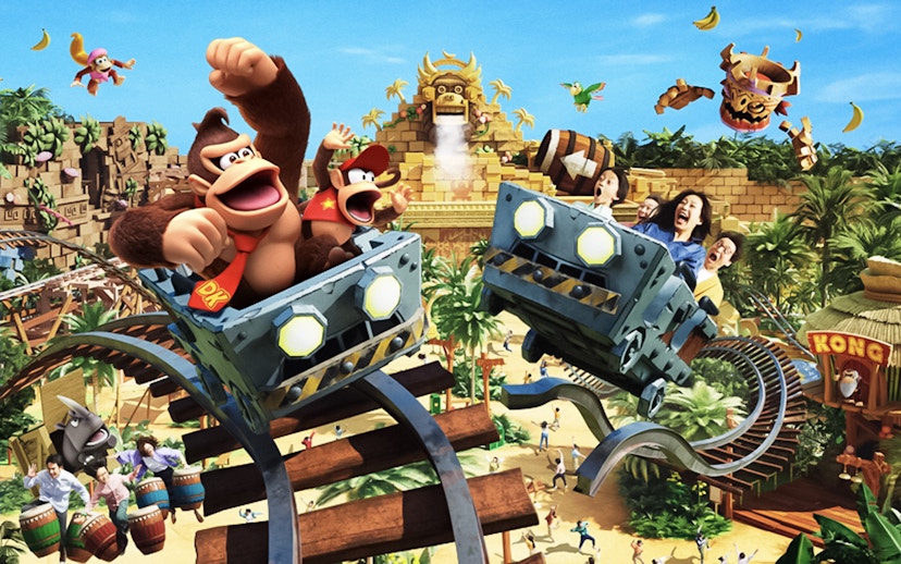 Roller coaster ride featuring Donkey Kong characters at Universal Studios Japan.