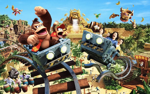 Roller coaster ride featuring Donkey Kong characters at Universal Studios Japan.