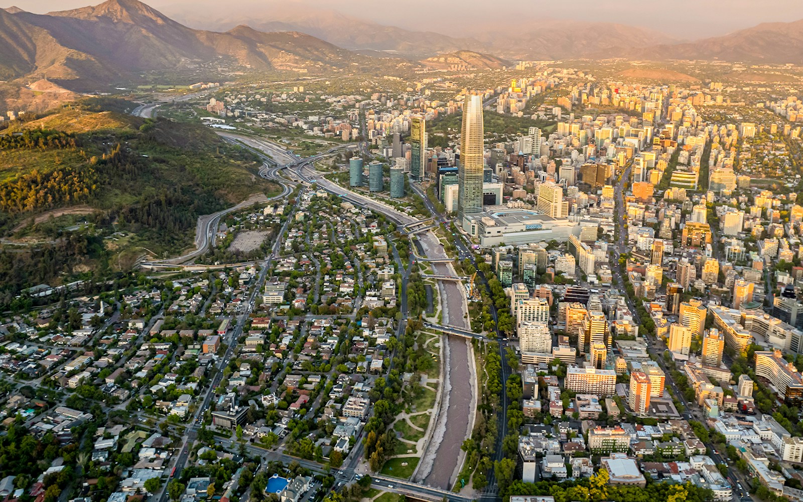 Aerial view of San Cristobal Hill and Santiago de Chile with Sky Costanera tower.