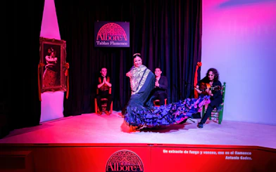 Flamenco dancer performing at La Alboreá Tablao Flamenco with musicians on stage.