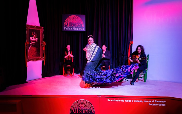 Flamenco dancer performing at La Alboreá Tablao Flamenco with musicians on stage.