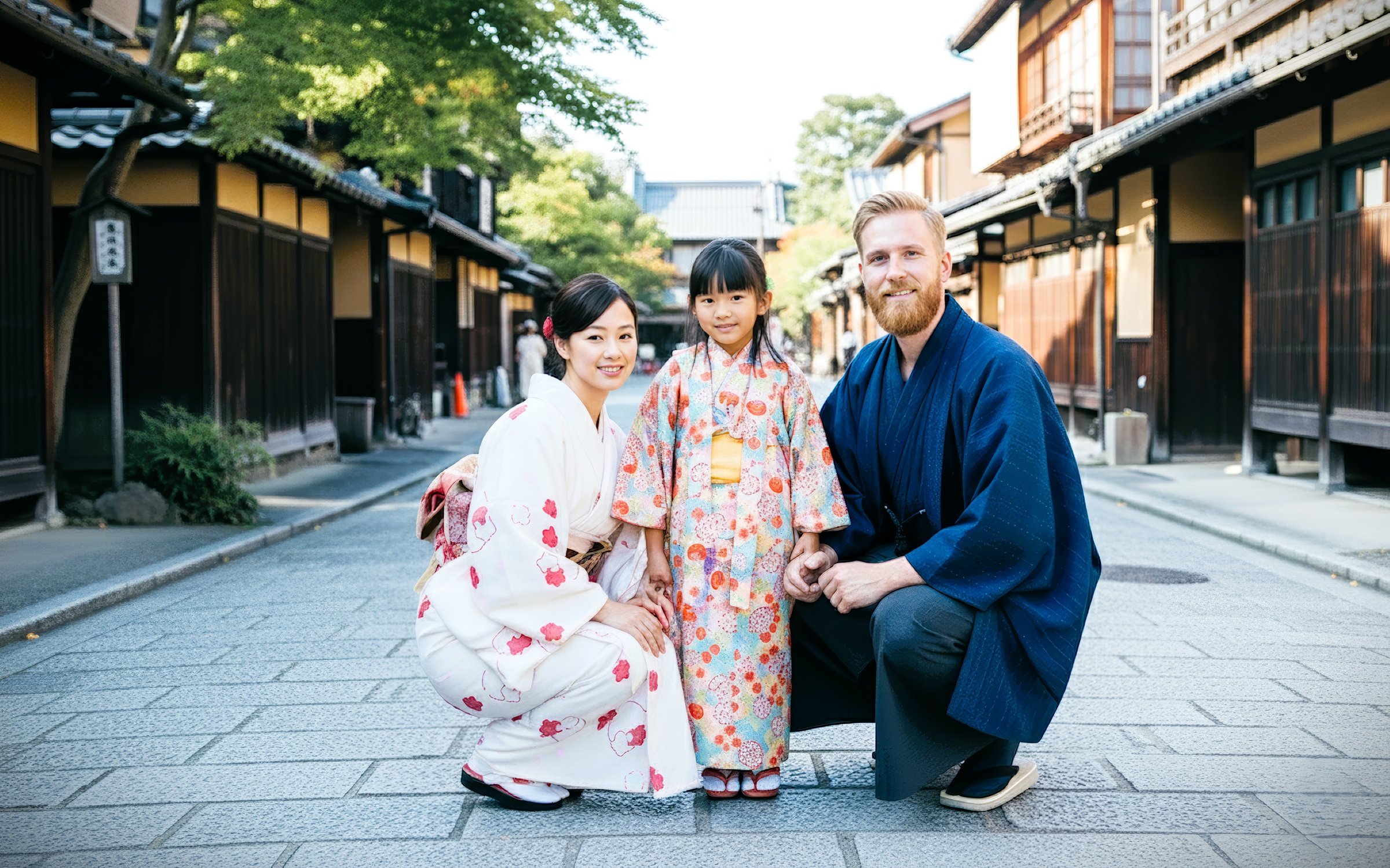 Family in traditional kimonos on a street near Kyoto Station.