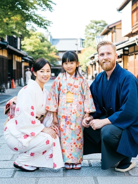 Family in traditional kimonos on a street near Kyoto Station.