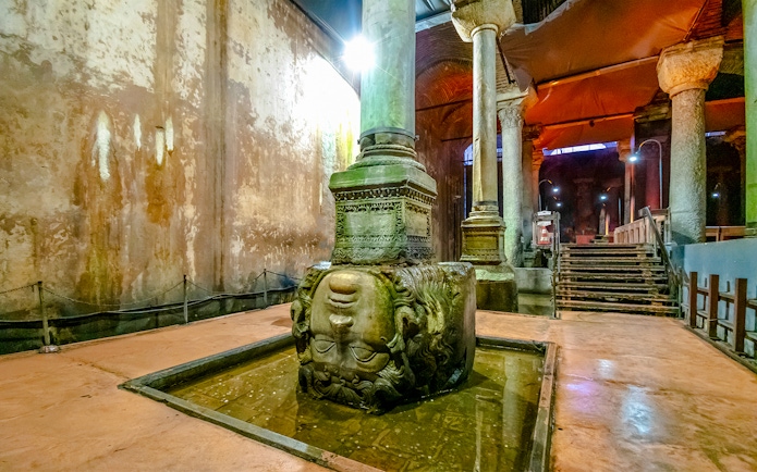 Upside down Medusa head column in Basilica Cistern, Istanbul.