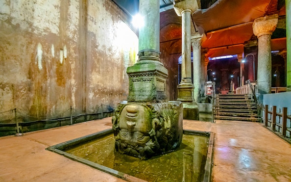 Upside down Medusa head column in Basilica Cistern, Istanbul.