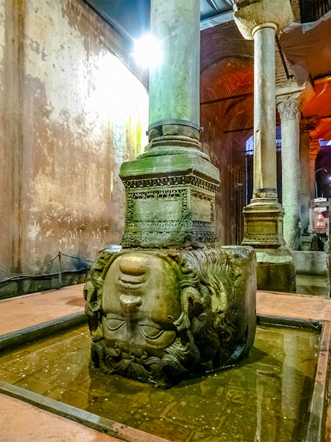 Upside down Medusa head column in Basilica Cistern, Istanbul.
