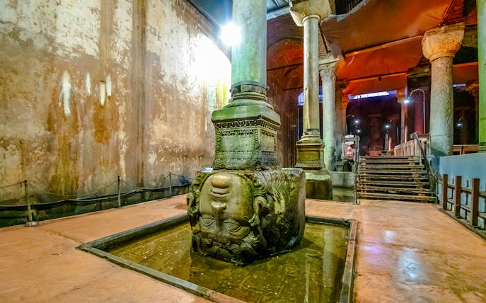 Upside down Medusa head column in Basilica Cistern, Istanbul.